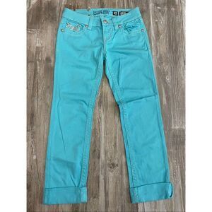 Miss Me Cuffed Skinny Jeans Teal Blue Rhinestones Women’s Sz 26